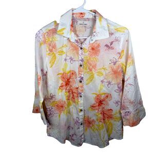 Paradise Shores Shirt Women's Medium Floral Button Up 3/4 Sleeve Collared